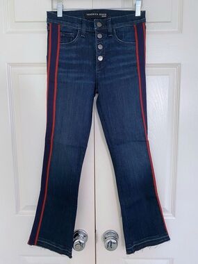 NWT Veronica Beard Carolyn 10" Baby Boot Cut Jeans Raw Hem Red Tuxedo Stripe 25